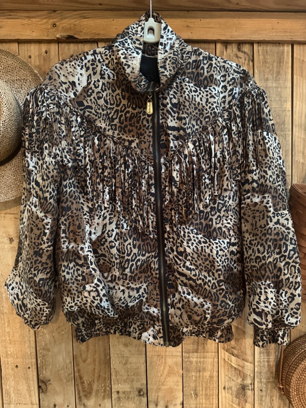 Vintage 90s silk FUDA International Leopard Print Fringe Bomber Brown/Black